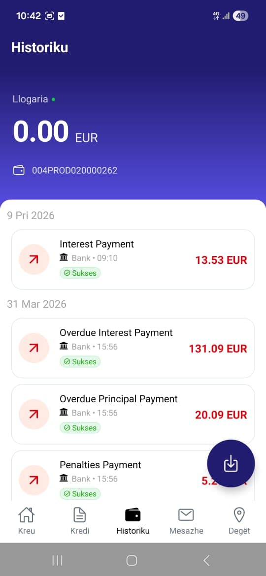 CFFA Digital account history screen